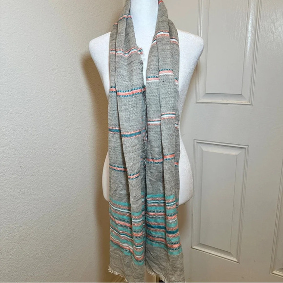J. Jill Womens Jacquard-Woven Multi Stripe Scarf Fringe Cotton 72" x 25" - Picture 8 of 9